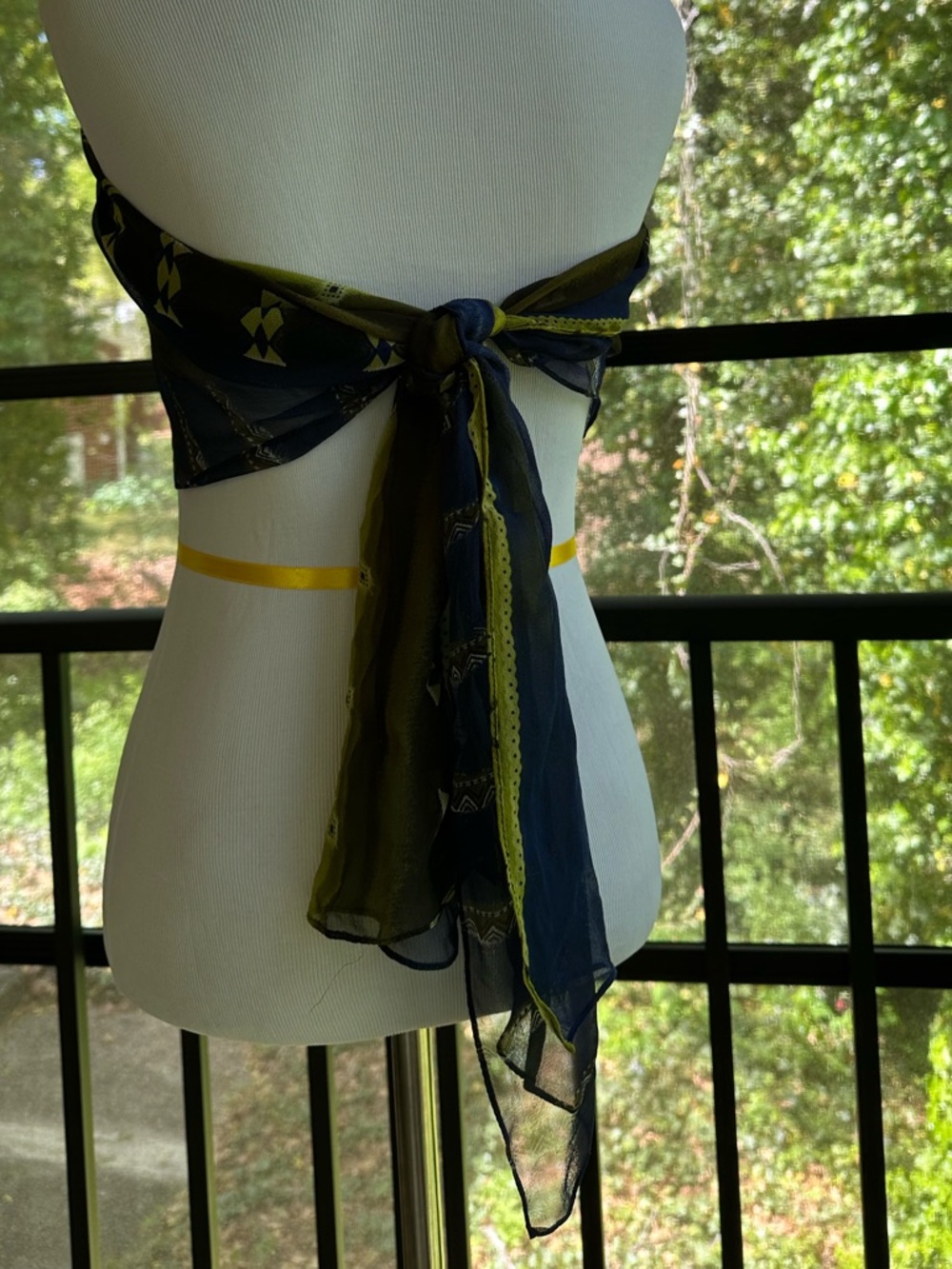 Chico’s Silk Oblong Scarf Artsy Boho Royal Blue & Lime Green Colorblock Designs - Picture 6 of 17